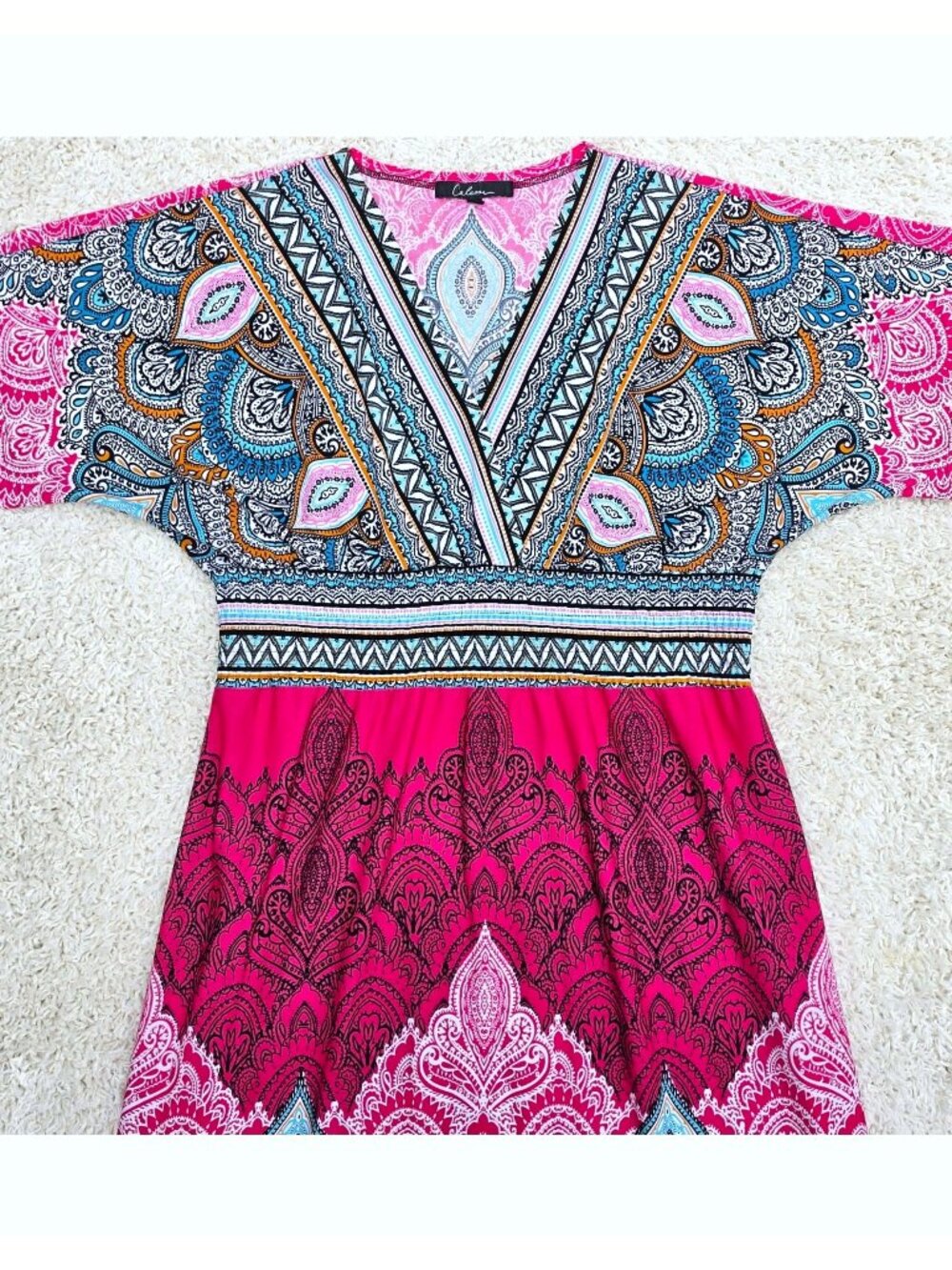 Boho Paisley Maxi Dress Pink Turquoise V-Neck Festival Resort Summer Dress Sz L - Picture 10 of 12